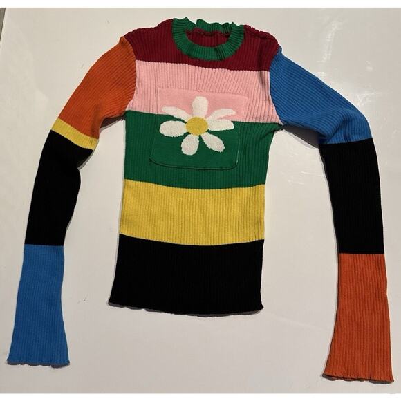 Rainbow Striped Daisy Jacket Flower Knitted Stretch Pocket Multicolor Sweater Sm - Picture 1 of 10